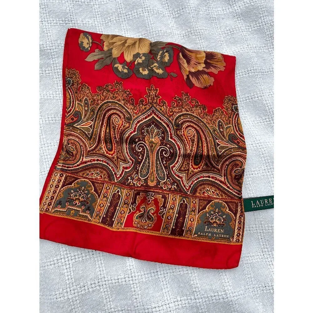 Lauren Ralph Lauren Silk Paisley Floral Scarf Red Equestrian Old Money